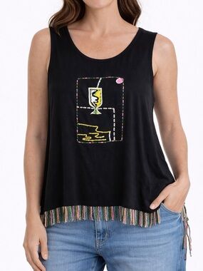 Mango Bay Women’s Multi Beaded Fringe Tank Top Graphic Sleeveless Artsy Boho